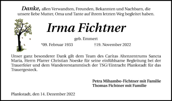 Traueranzeige von Irma Fichtner von Schwetzinger Zeitung