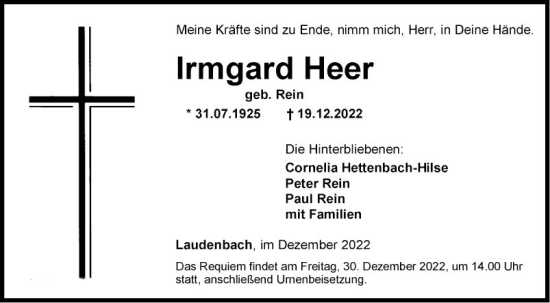 Traueranzeige von Irmgard Heer von Fränkische Nachrichten