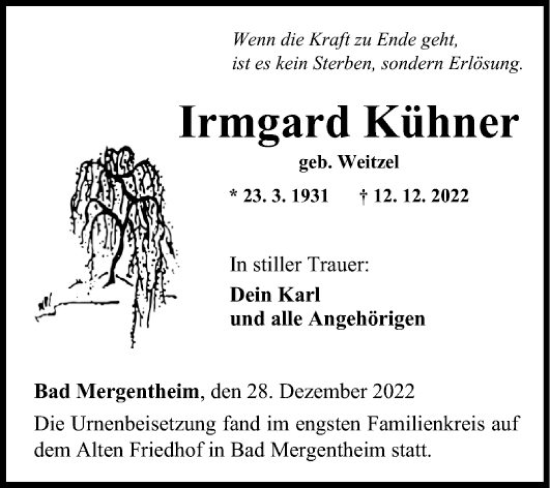 Traueranzeige von Irmgard Kühner von Fränkische Nachrichten