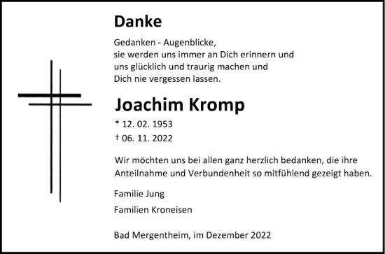 Traueranzeige von Joachim Kromp von Fränkische Nachrichten