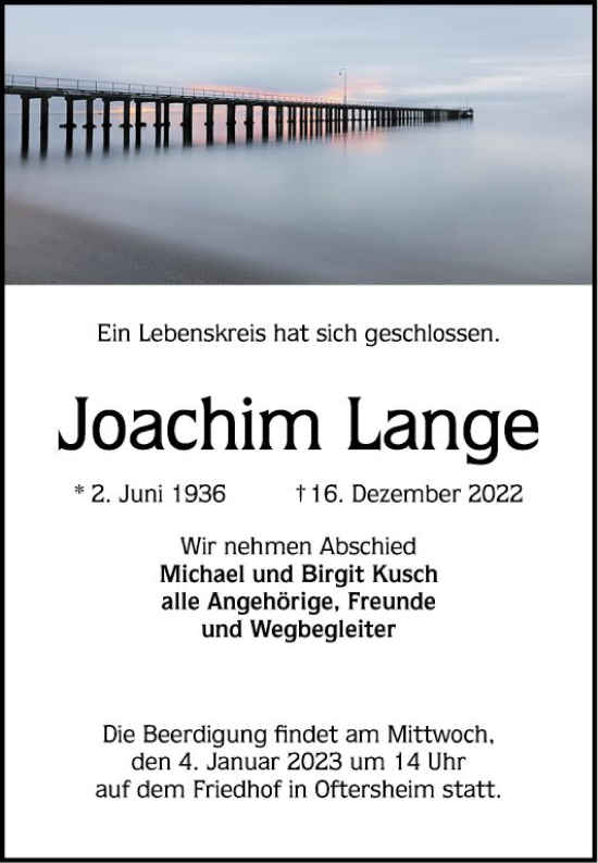 Traueranzeige von Joachim Lange von Schwetzinger Zeitung