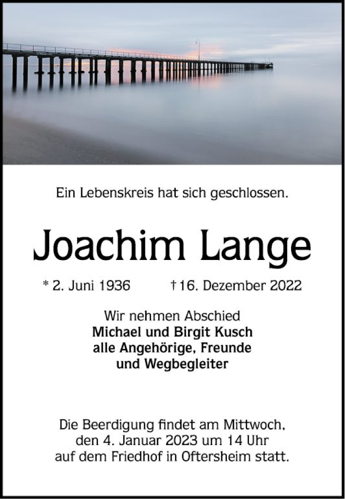  Traueranzeige für Joachim Lange vom 31.12.2022 aus Schwetzinger Zeitung