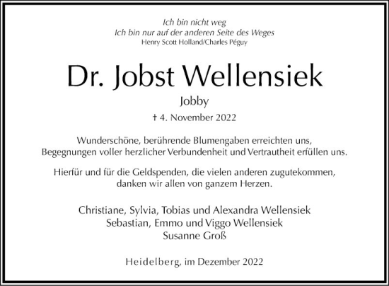 Traueranzeige von Jobst Wellensiek von Mannheimer Morgen