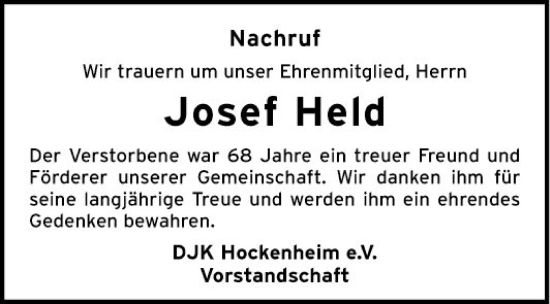 Traueranzeige von Josef Held von Schwetzinger Zeitung