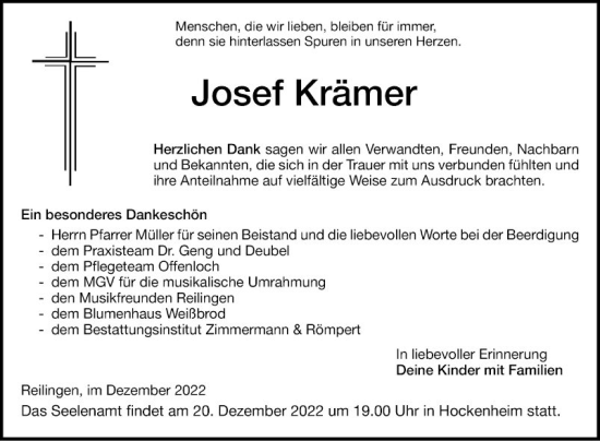 Traueranzeige von Josef Krämer von Schwetzinger Zeitung