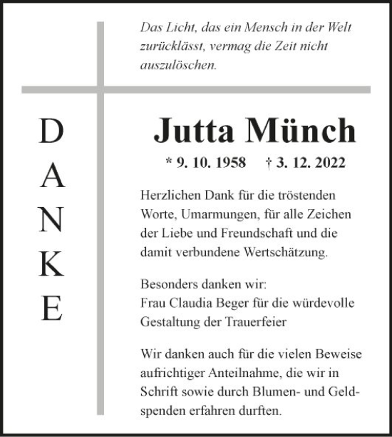 Traueranzeige von Jutta Münch von Fränkische Nachrichten