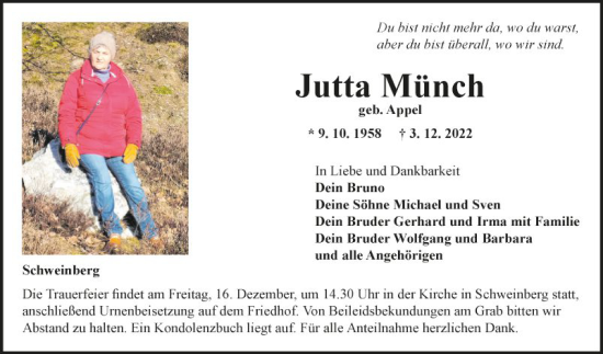 Traueranzeige von Jutta Münch von Fränkische Nachrichten