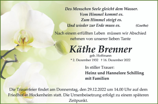 Traueranzeige von Käthe Brenner von Schwetzinger Zeitung