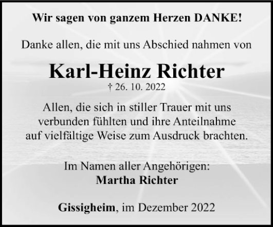 Traueranzeige von Karl-Heinz Richter von Fränkische Nachrichten