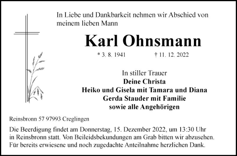  Traueranzeige für Karl Ohnsmann vom 14.12.2022 aus Fränkische Nachrichten