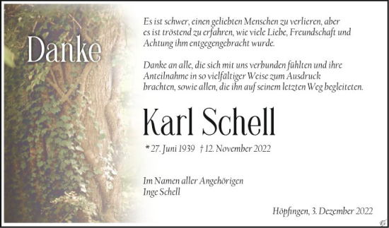 Traueranzeige von Karl Schell von Fränkische Nachrichten