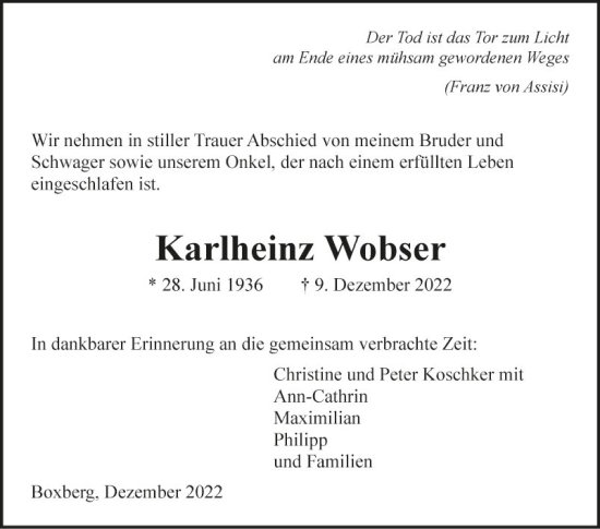 Traueranzeige von Karlheinz Wobser von Fränkische Nachrichten