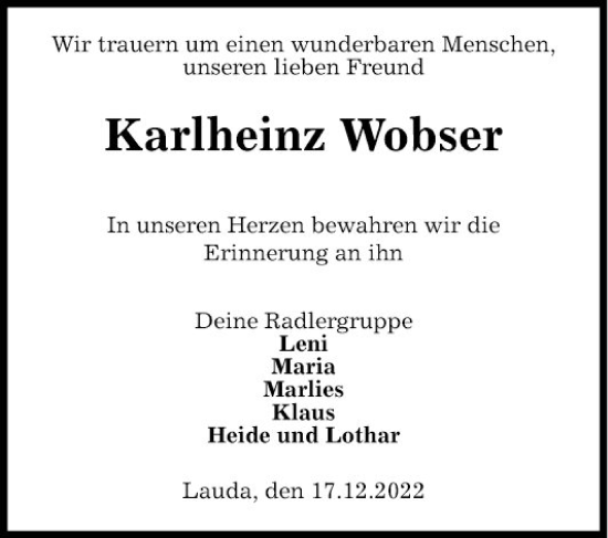 Traueranzeige von Karlheinz Wobser von Fränkische Nachrichten