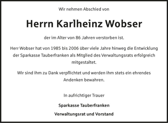 Traueranzeige von Karlheinz Wobser von Fränkische Nachrichten