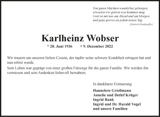 Traueranzeige von Karlheinz Wobser von Fränkische Nachrichten