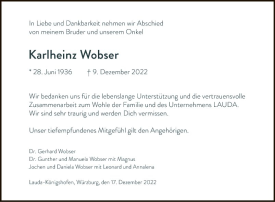 Traueranzeige von Karlheinz Wobser von Fränkische Nachrichten