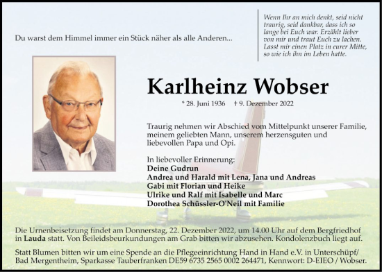 Traueranzeige von Karlheinz Wobser von Fränkische Nachrichten