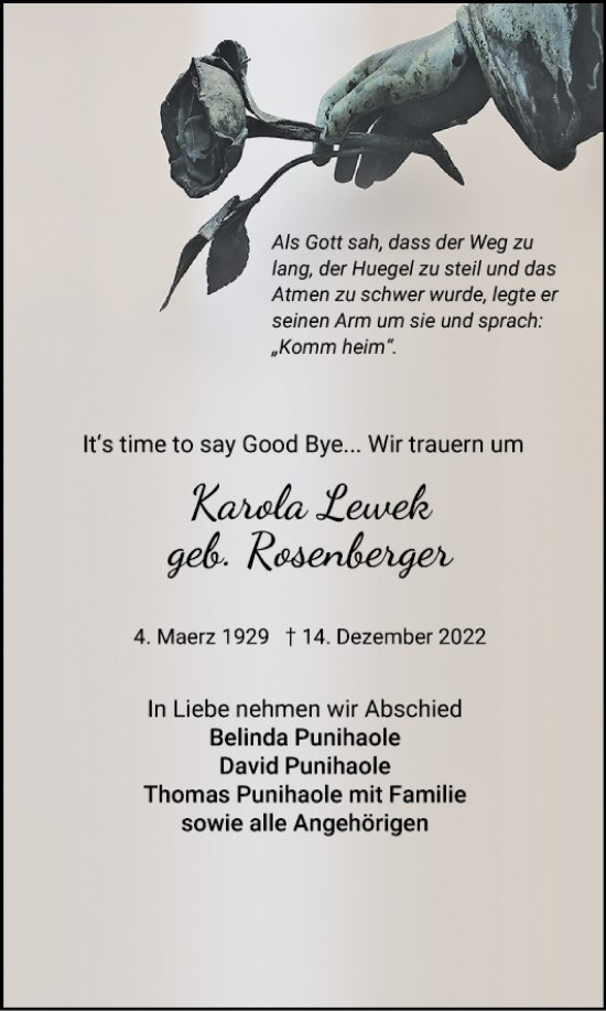 Traueranzeige von Karola Lewek von Mannheimer Morgen