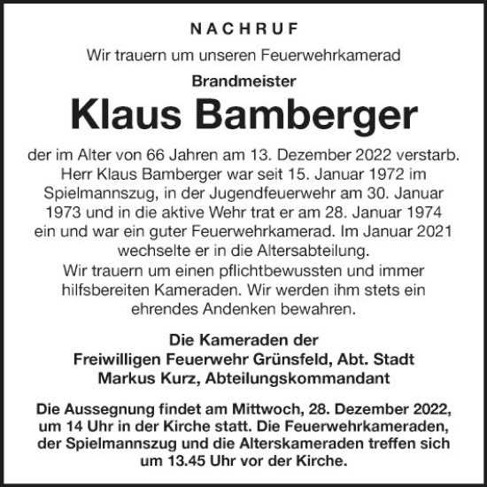 Traueranzeige von Klaus Bamberger von Fränkische Nachrichten