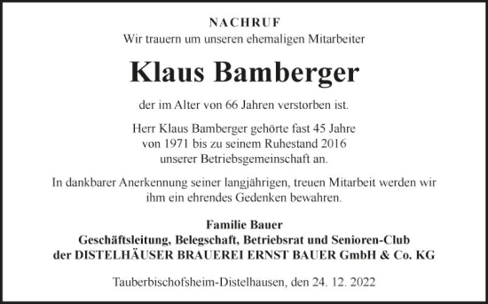 Traueranzeige von Klaus Bamberger von Fränkische Nachrichten