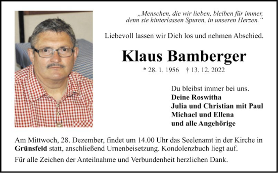 Traueranzeige von Klaus Bamberger von Fränkische Nachrichten