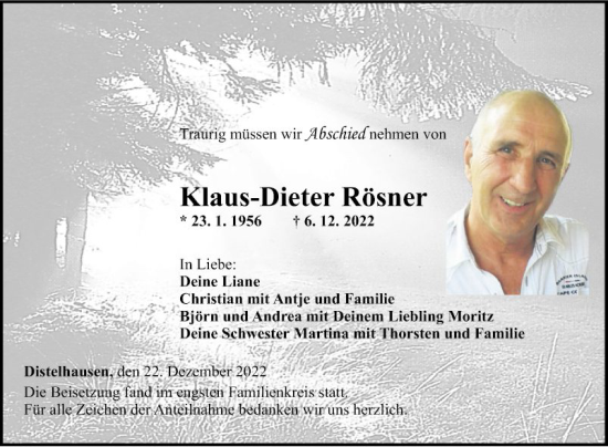 Traueranzeige von Klaus-Dieter Rösner von Fränkische Nachrichten