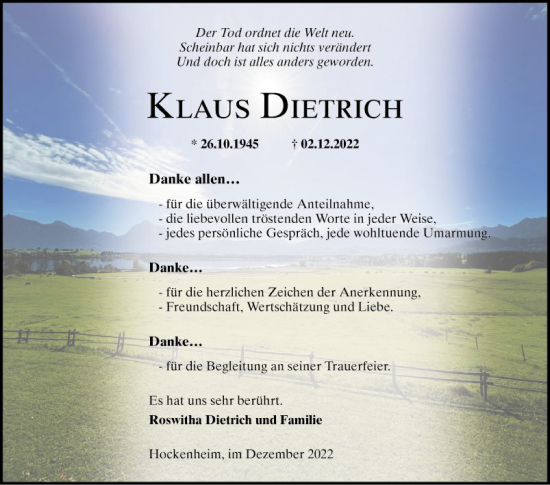 Traueranzeige von Klaus Dietrich von Schwetzinger Zeitung