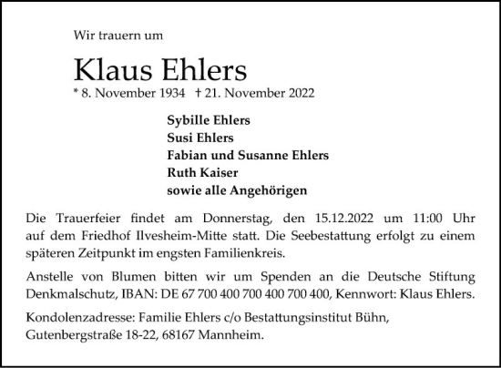 Traueranzeige von Klaus Ehlers von Mannheimer Morgen