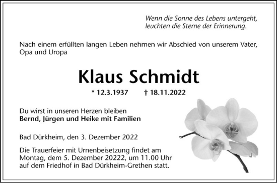 Traueranzeige von Klaus Schmidt von Mannheimer Morgen