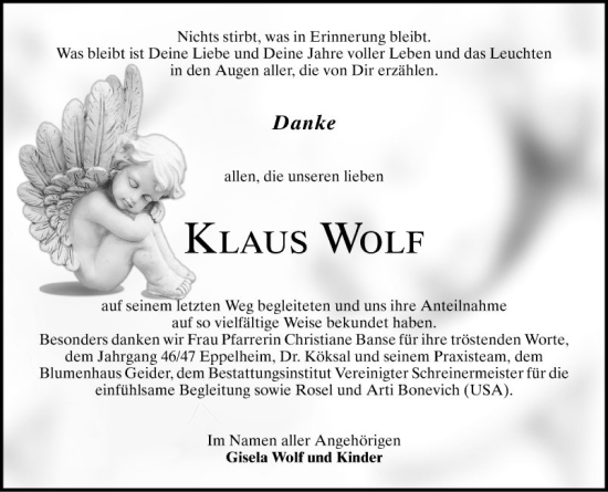 Traueranzeige von Klaus Wolf von Schwetzinger Zeitung