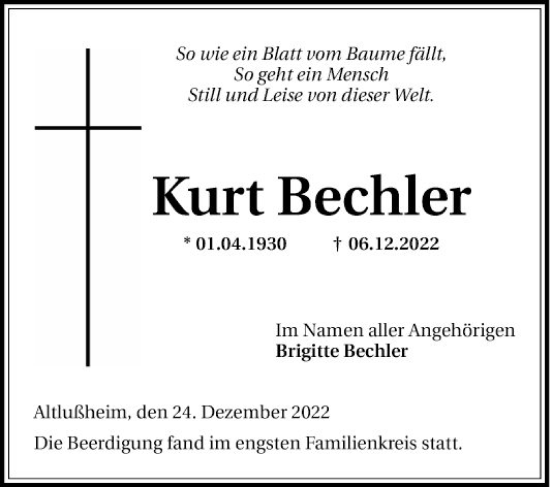 Traueranzeige von Kurt Bechler von Schwetzinger Zeitung