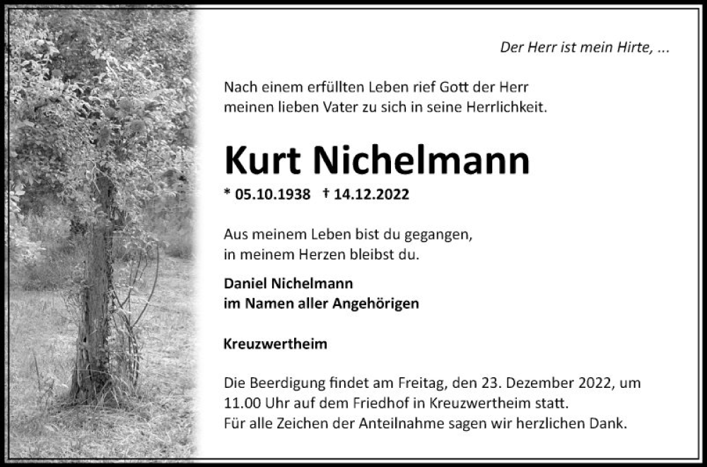  Traueranzeige für Kurt Nichelmann vom 17.12.2022 aus Fränkische Nachrichten