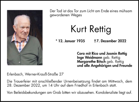 Traueranzeige von Kurt Rettig von Bergsträßer Anzeiger