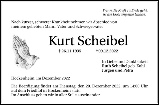 Traueranzeige von Kurt Scheibel von Schwetzinger Zeitung