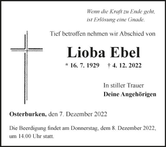 Traueranzeige von Lioba Ebel von Fränkische Nachrichten