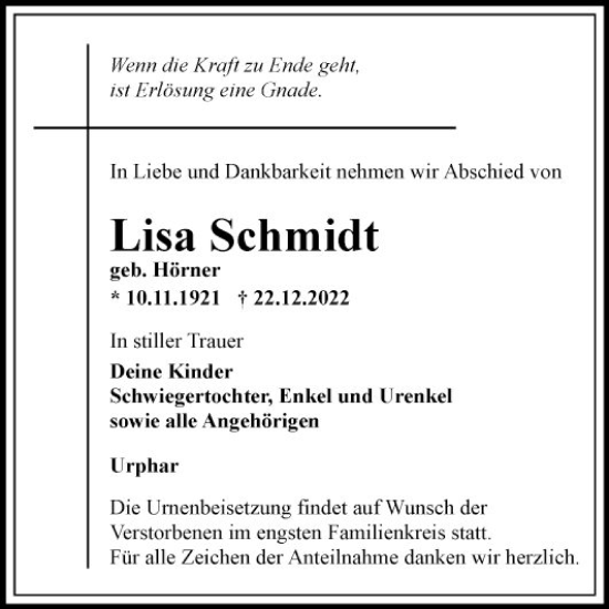 Traueranzeige von Lisa Schmidt von Fränkische Nachrichten