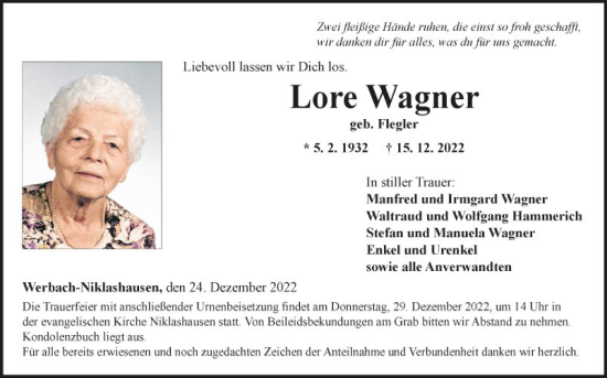 Traueranzeige von Lore Wagner von Fränkische Nachrichten