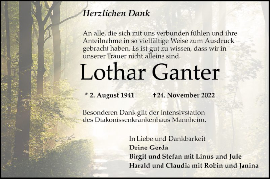 Traueranzeige von Lothar Ganter von Schwetzinger Zeitung