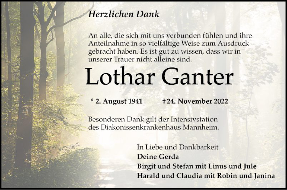  Traueranzeige für Lothar Ganter vom 17.12.2022 aus Schwetzinger Zeitung