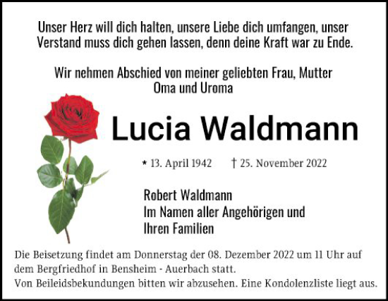 Traueranzeige von Lucia Waldmann von Bergsträßer Anzeiger