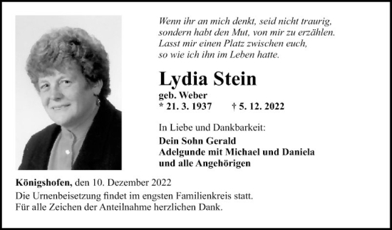 Traueranzeige von Lydia Stein von Fränkische Nachrichten