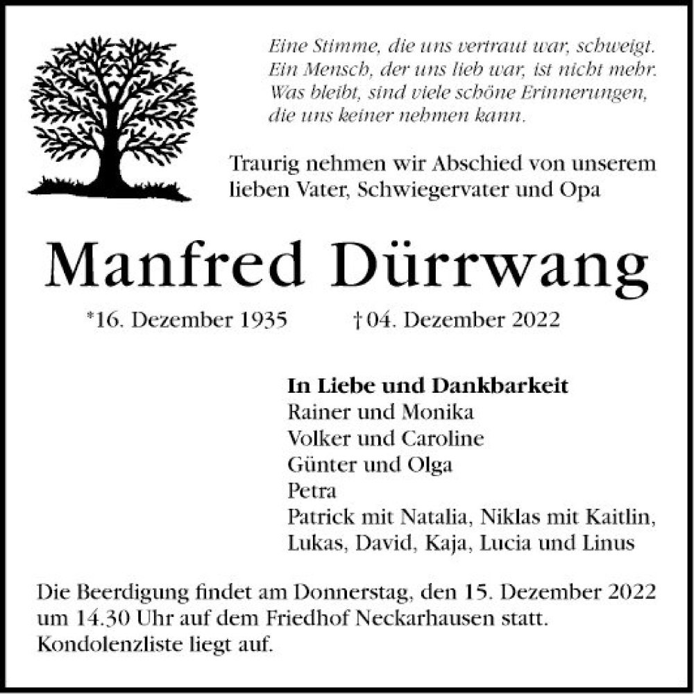  Traueranzeige für Manfred Dürrwang vom 10.12.2022 aus Mannheimer Morgen