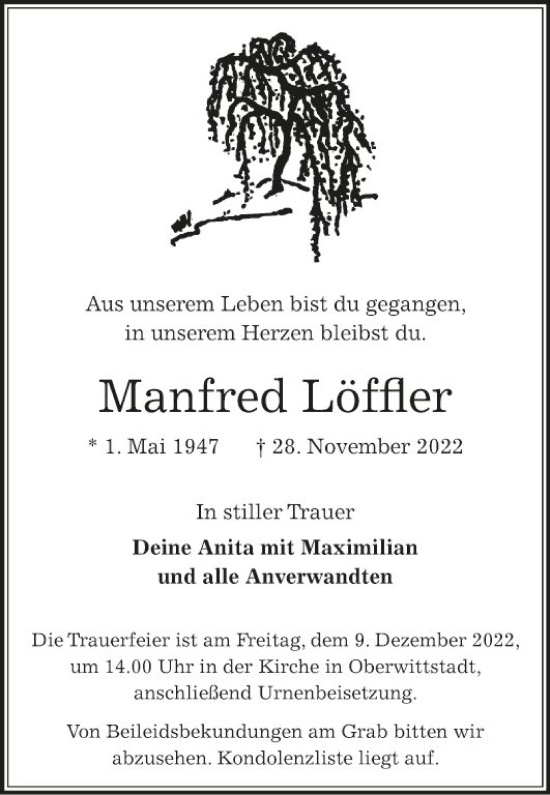 Traueranzeige von Manfred Löffler von Fränkische Nachrichten