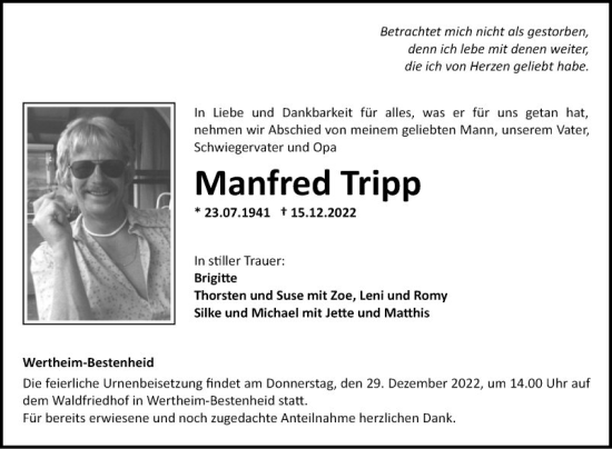 Traueranzeige von Manfred Tripp von Fränkische Nachrichten