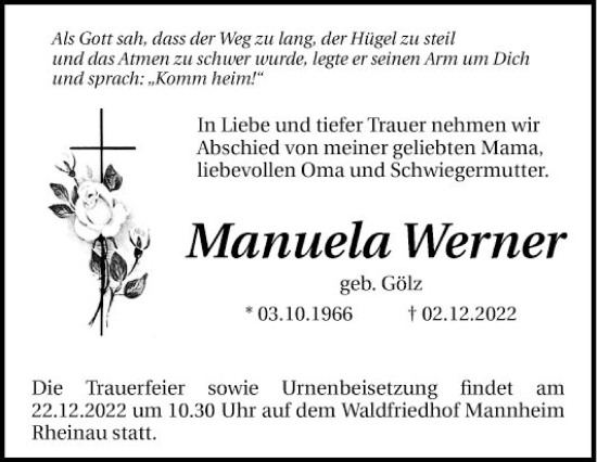 Traueranzeige von Manuela Werner von Mannheimer Morgen