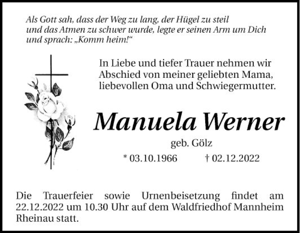  Traueranzeige für Manuela Werner vom 17.12.2022 aus Mannheimer Morgen