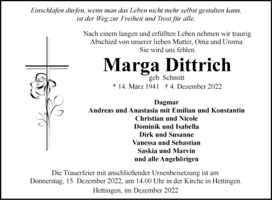 Traueranzeige von Marga Dittrich von Fränkische Nachrichten