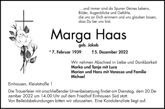 Traueranzeige von Marga Haas von Bergsträßer Anzeiger