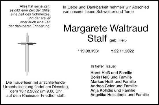 Traueranzeige von Margarete Waltraud Stalf von Mannheimer Morgen