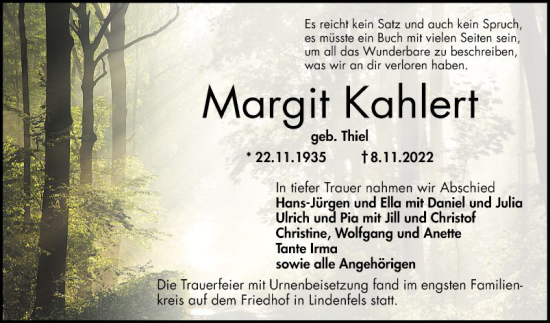 Traueranzeige von Margit Kahlert von Bergsträßer Anzeiger